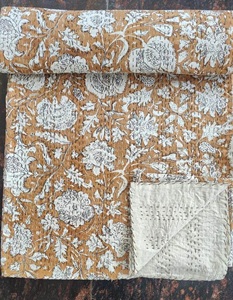 Edredón Kantha Tan Kantha Block Print Indian Home and Hotel Use Colcha de invierno Tamaño Queen y King - Product Image 4