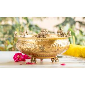 Pure Brass Traditional Design Urli with <b>Elephant</b> Statue Embossed for Diwali Occasions - Product Image 2