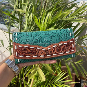 Nouveau design usiné à la main sculpture portefeuille en cuir pochette coque de téléphone carte élégant couleur Turquoise portefeuille multi-usages cuir occidental - Product Image 2