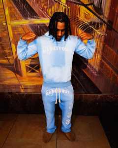 Sudaderas con capucha y pantalones de chándal apilados acampanados Conjunto de chándal de dos piezas Bordado desgastado personalizado Apliques Unisex Jogging Sweatsuits - Product Image 3