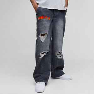 Pantalones vaqueros holgados de diseño de pierna ancha de ajuste relajado estilo Hip Hop hechos a medida pantalones vaqueros lavados con logotipo de impresión digital gráfica personalizada - Product Image 4