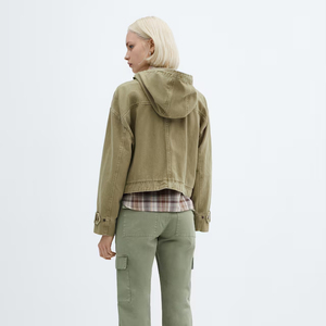 Women's Hooded Utility Safari <b>Jacket</b> Olive Green Full Sleeve Patch Pocket Windproof Autumn Wear Short Length Woven Fabric - Product Image 2