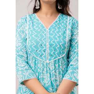 Turquoise Blue Floral Printed Mirror <b>Work</b> V Neck Top & <b>Trouser</b> Pure Cotton Women's Set - Product Image 4