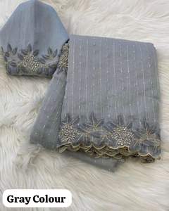 NUEVO JUTE ORGANZA Sari Multi bordado trabajo con piedra y seda cruda bordado trabajo blusa - Product Image 4