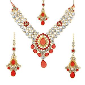 Conjunto de collar de piedra austriaca naranja Vivant con colección de joyería fina Maang Tikka 1103638 - Product Image 1