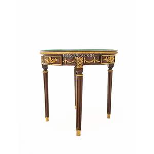 Mesa Auxiliar Redonda de Lujo de Caoba con Incrustaciones Florales y Guirnaldas de Latón Dorado Antiguo para Decoración Clásica del Hogar - Product Image 4