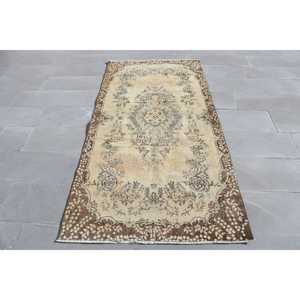 Vintage Rug, 3.6x7.4 ft Area Rug, <b>Brown</b> Solid <b>Wool</b> Turkish Rug - Product Image 1