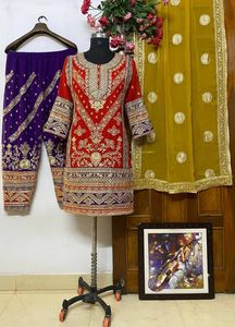 Nouveau Designer Wear Haute Qualité Rouge Jaune Lourd Georgette Fil Complet Broderie Travail Top Et Palazzo Avec Dupatta Prêt À Porter - Product Image 5