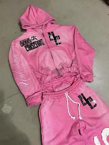 Survêtements OEM, design personnalisé, broderie usée, imprimé délavé au soleil avec des strass, sweat-shirt court et pantalon évasé, survêtement d'hiver - Product Image 3