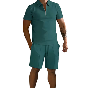 Men's Solid Green Polo <b>Shirt</b> With Drawstring Shorts Casual <b>Summer</b> Set Breathable Polyester Knitted Fabric - Product Image 1