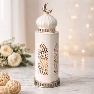 Lanterne marocaine en métal finition or blanc avec découpes complexes, lumière douce de bougie, élégante décoration de fête pour la maison, cadeau - Product Image 2