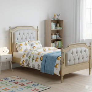 Cama Infantil de Lujo, Tamaño Individual, Madera Maciza, Cabecera Tapizada, Estilo Clásico Moderno para Dormitorio Infantil - Product Image 4