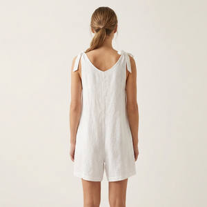 Mono corto sin mangas de lino 100% para mujer, estilo bohemio, cuello en V, holgado, transpirable, cintura media, ideal para verano. - Product Image 2