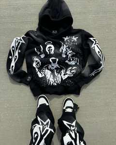 Personalizado desgastado bordado 3D Puff impresión Logo cara completa Zip up Hoodie Set mujeres chándal algodón Sun Faded Unisex chándal - Product Image 3