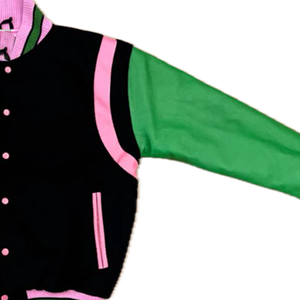 Veste bomber réversible imperméable de style streetwear premium pour fraternité grecque, en cuir vert, soie/coton noir - Product Image 4