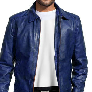 Veste en cuir véritable bleue unie à col montant pour hommes de qualité supérieure personnalisée pour l'hiver, à la mode, design décontracté avec logo personnalisé à l'avant - Product Image 2