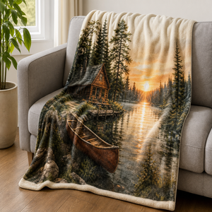 Custom Printed <b>Throw</b> Blanket Personalized Lakeside Cabin Canoe Gift Sublimation Flannel Fleece Polyester - Product Image 1