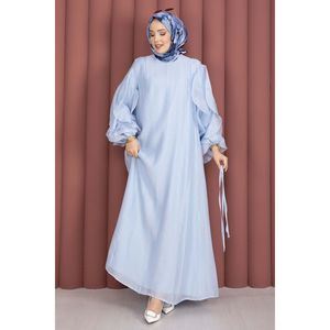 Robe hijab en mousseline bleu ciel avec manches à volants et ceinture à taille naturelle - Product Image 6