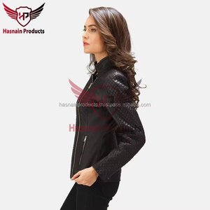 Chaqueta de cuero genuino negro para mujer, estilo motero, con cuello alto, acolchado de diamantes, abrigo de piel de oveja, bolsillos con cremallera, corte ajustado, prendas de vestir personalizadas - Product Image 6