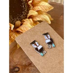 Zuni Cultural Collectible Jewelry Multi-Stone and Sterling Silver Inlaid Owl <b>Post</b> <b>Earrings</b> - Product Image 2