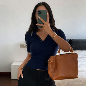 Novedad 2026: Top Polo <span class=keywords><strong>de</strong></span> Punto Acanalado Azul Marino para <span class=keywords><strong>Mujer</strong></span>, Corte Ajustado, con Ribete en Contraste, Manga Corta, Prenda <span class=keywords><strong>de</strong></span> Punto Informal - Product Image 6