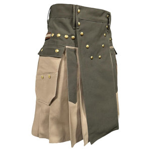 Kilt utilitaire en denim durable bicolore vert olive et kaki pour hommes, boucle tactique et fermeture à bouton - Product Image 3