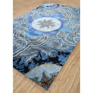 Tapis en soie bleus noués à la main, tissés avec des gemmes, Sps-30, style patchwork rectangulaire à motif médaillon Tabriz, pour adolescents - Product Image 2