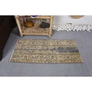 Vintage Turkish Wool <b>Rug</b> Eco-Friendly Medium Pile <b>Traditional</b> Beige and Black Patchwork Design 1.4 X 3.1 ft with Latex Backing - Product Image 3
