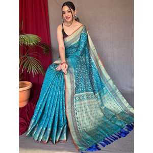 Stunning Turquoise Patola <b>Printed</b> Silk Saree with Blouse for Festivals and Weddings - Product Image 1