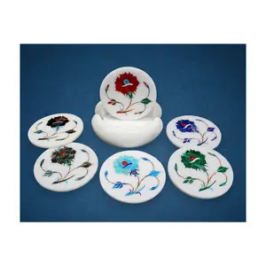 Luxury Quality Pure Makrana Marble With Pietra Dura Assorted Inlay Stone Color Tea Coaster Set