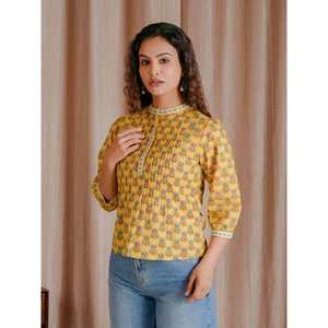 Chic <b>Yellow</b> Butti Cotton Pintux Style Short <b>Top</b> for <b>Ladies</b> XL Size Breathable Poplin Fabric Casual Formal Solid Viscose Linen - Product Image 4