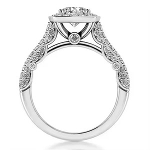 Bague de fiançailles de mariage en or blanc massif 14K Original Halo Set Three Side Pave Moissanite Diamond Fine Rings - Product Image 5