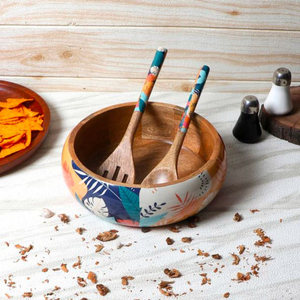 Cuenco para servir comida Meena de madera de forma redonda de calidad de lujo con cuchara y tenedor, utensilios de cocina para el hogar, cuenco de tamaño personalizado - Product Image 2