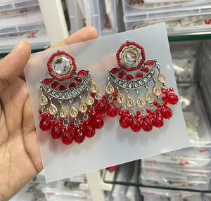 <b>INDIAN</b> LATEST TRADITIONAL KUNDAN HIGH GOLD PLATED WITH PEARL DESIGNER BEAUTIFUL FANCY KUNDAN EARRINGS SET for WOMEN and GIRLS - Product Image 3