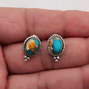 925 Sterling Silver Oyster Turquoise Stud <b>Earrings</b> Handmade Natural Copper Turquoise Oval <b>Posts</b> Fashion Jewelry - Product Image 5