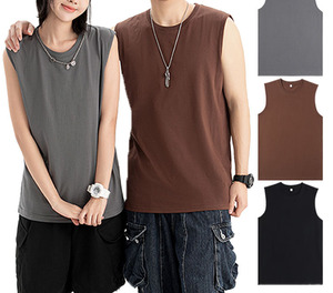 Camiseta Unisex sin mangas de punto de algodón peinado con logotipo bordado personalizado OEM 230G, chaleco con cuello redondo, chaleco informal en blanco - Product Image 1