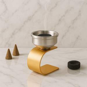 Brûleur d'encens moderne en métal doré avec bol en acier, porte-bakhoor et porte-dhoop de luxe pour la décoration de la maison, la méditation, le yoga et l'aromathérapie - Product Image 1
