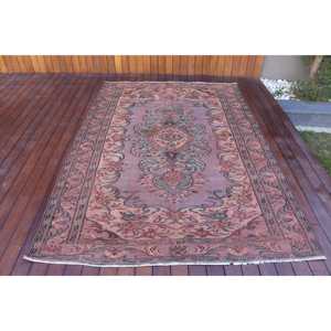Turkish Large Rug 5.4x7.7 ft, <b>Red</b> Solid Vintage <b>Wool</b> Rug - Product Image 1