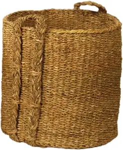 HOME Set of 3 Round Woven Sea Grass Storage Baskets Large Natural Handles Laundry Baskets Cat tail Basket