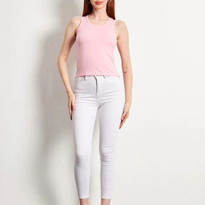 Custom Womens Baby Pink Ribbed Tank <b>Top</b> <b>High</b> Elasticity Breathable Sleeveless Scoop Neck Fitted Summer Base Layer Camisole - Product Image 3