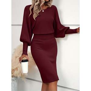 Ensemble robe pull mi-longue à manches lanternes, couleur unie, respirant, décontracté pour femmes, hiver - Product Image 1