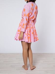 Decorative Exclusive Bohemian V-neck <b>Long</b> Sleeve Floral Paisley Pink Orange Printed Midi Dress 100% Cotton <b>Slip</b> Included Tassel - Product Image 3
