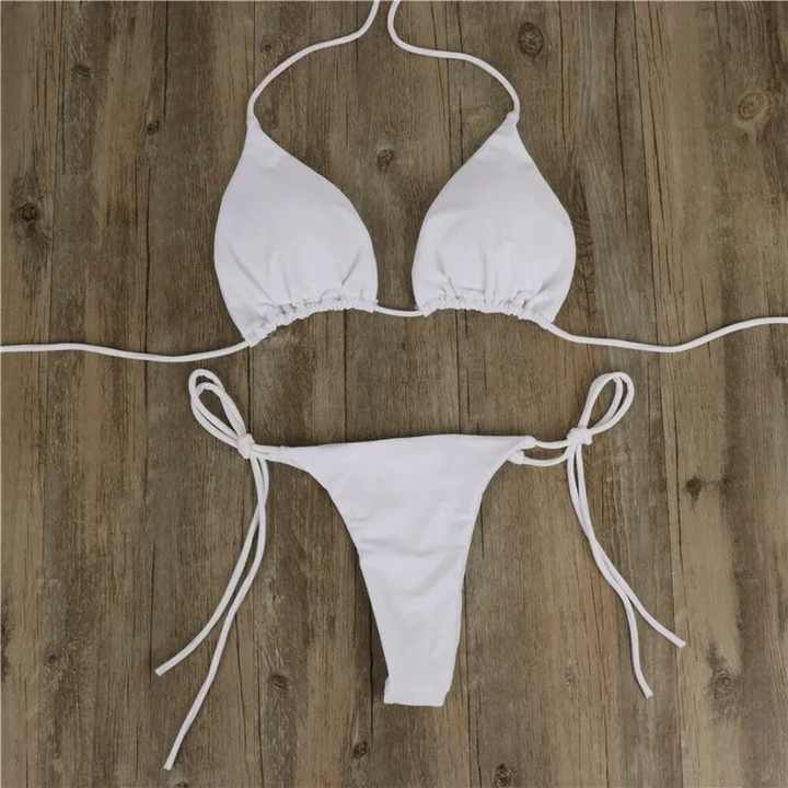 Sexy Women Thong Solid Color Bikini Set Side Halter Tie Swimsuit Ladies Split Strap Adjustable Swimwear Beachwear Quick Dry 2025