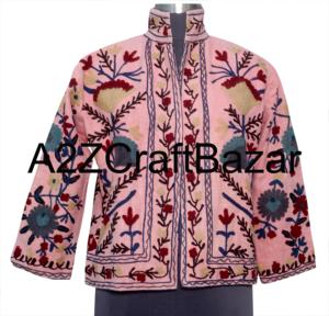 Women's Handmade Knitted Suzani Floral Embroidered Ruffles 100% Cotton Eco-Friendly Bomber Jacket Spring Winter Boho Indian - Product Image 1