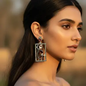 Boucles d'oreilles pendantes rectangulaires en pierres précieuses pour femmes, bijoux de déclaration - Product Image 1