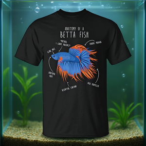 T-shirt con anatomia del pesce Betta per gli amanti degli acquari, design blu e arancione - Product Image 3