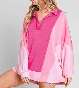 เสื้อสเวตเตอร์แบบผ่าหน้าสำหรับผู้หญิง, เสื้อสเวตเชิ้ตแนวสตรีทแฟชั่นกึ่งเปิดสีตัดกันทรงหลวม - Product Image 2