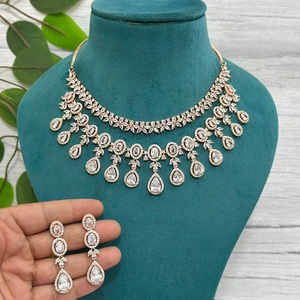 Designer CZ Rose Gold Polish Double Layer <b>Necklace</b> <b>Set</b> with Earrings <b>Silver</b> Finish for Wedding And Party Wear or Gift for Women - Product Image 1