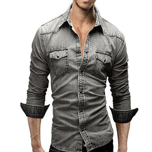 Camicie in <span class=keywords><strong>jeans</strong></span> <span class=keywords><strong>jeans</strong></span> Casual a maniche lunghe da uomo a manica lunga e tinta unita per uomo, prodotto su misura, camicia in Denim, abbigliamento da uomo, t-Shirt - Product Image 4