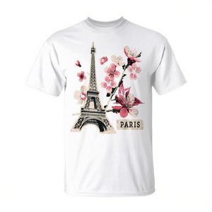 T-shirt promozionale con la Torre Eiffel di Parigi e i fiori di ciliegio - Product Image 2